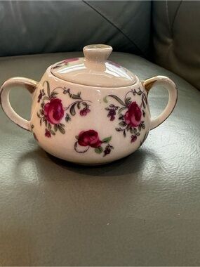 Pink Floral Ceramic Sugar Bowl with Lid and Gold Accents
